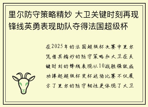 里尔防守策略精妙 大卫关键时刻再现锋线英勇表现助队夺得法国超级杯