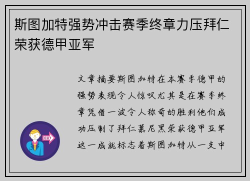 斯图加特强势冲击赛季终章力压拜仁荣获德甲亚军